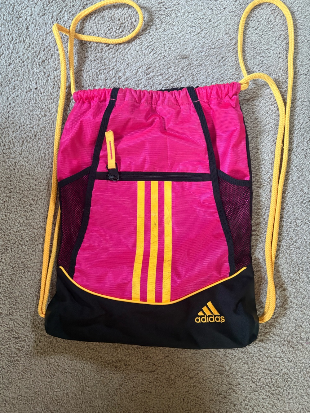 adidas Pink and Yellow Drawstring Backpack with Front Zip